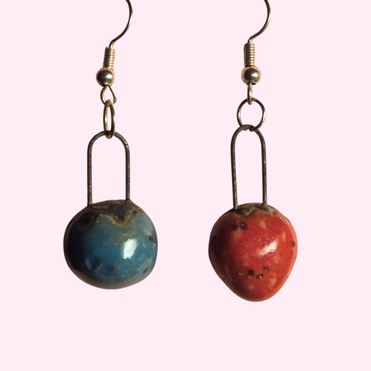Handbuilt Mismatched Strawberry + Blueberry Earrings