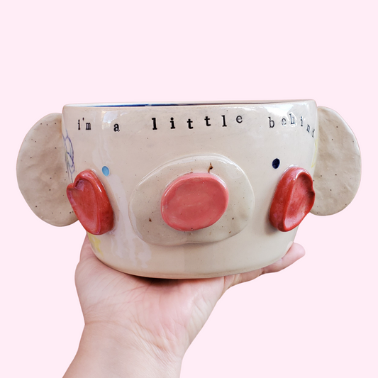 RECOVERED Helene Pottery: "I'm a Little Behind" Large Secret Message Puppy Bear Bowl