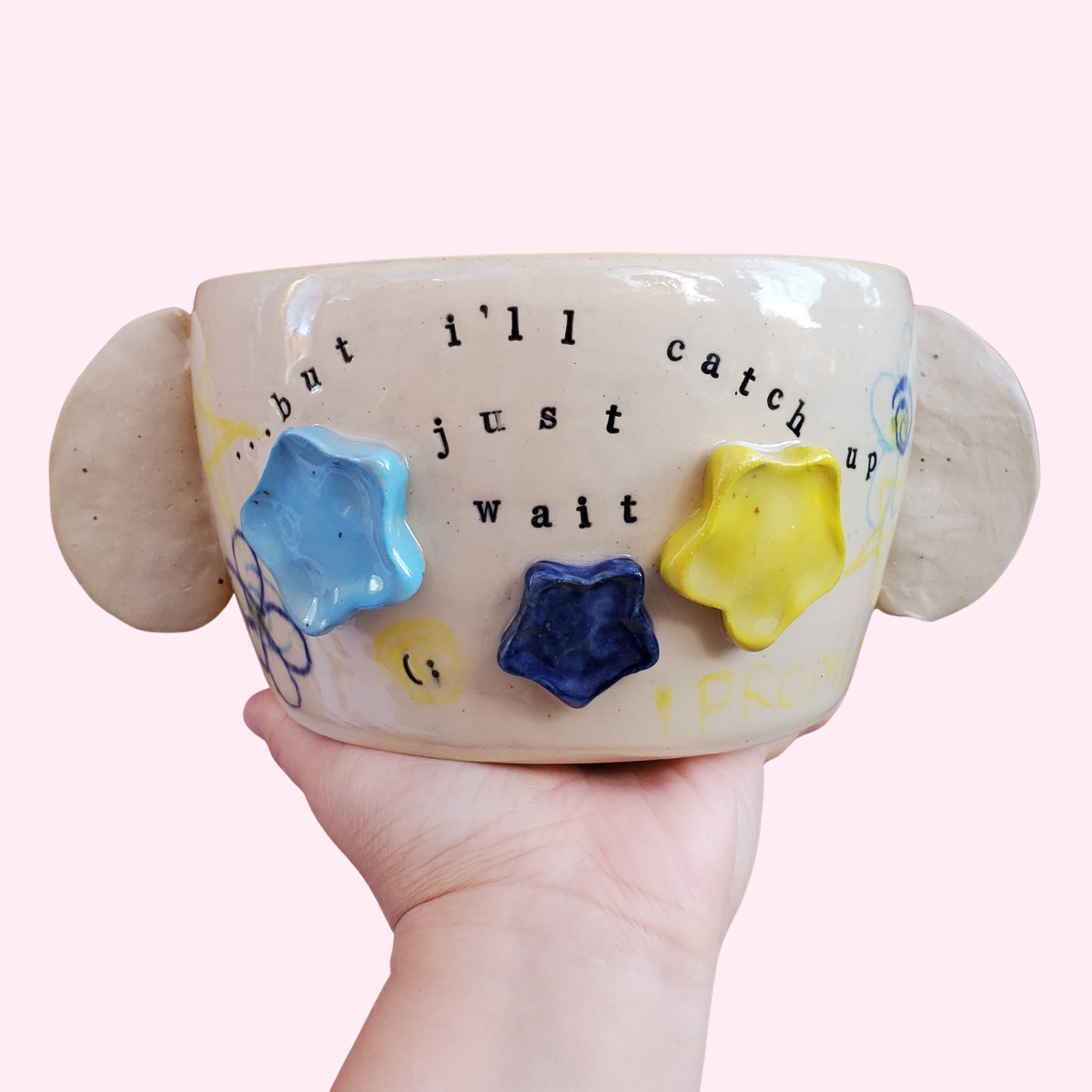 RECOVERED Helene Pottery: "I'm a Little Behind" Large Secret Message Puppy Bear Bowl