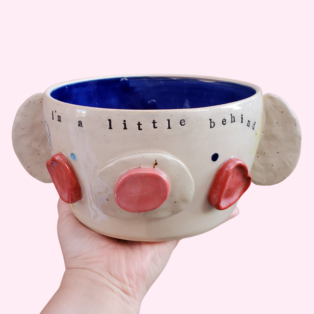 RECOVERED Helene Pottery: "I'm a Little Behind" Large Secret Message Puppy Bear Bowl